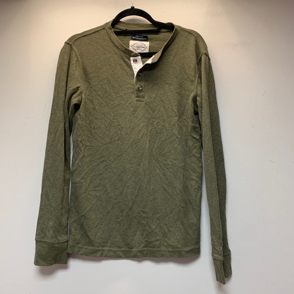 St John's Bay Henley Mens Small Olive Green Excellent Waffle Knit Thermal Top